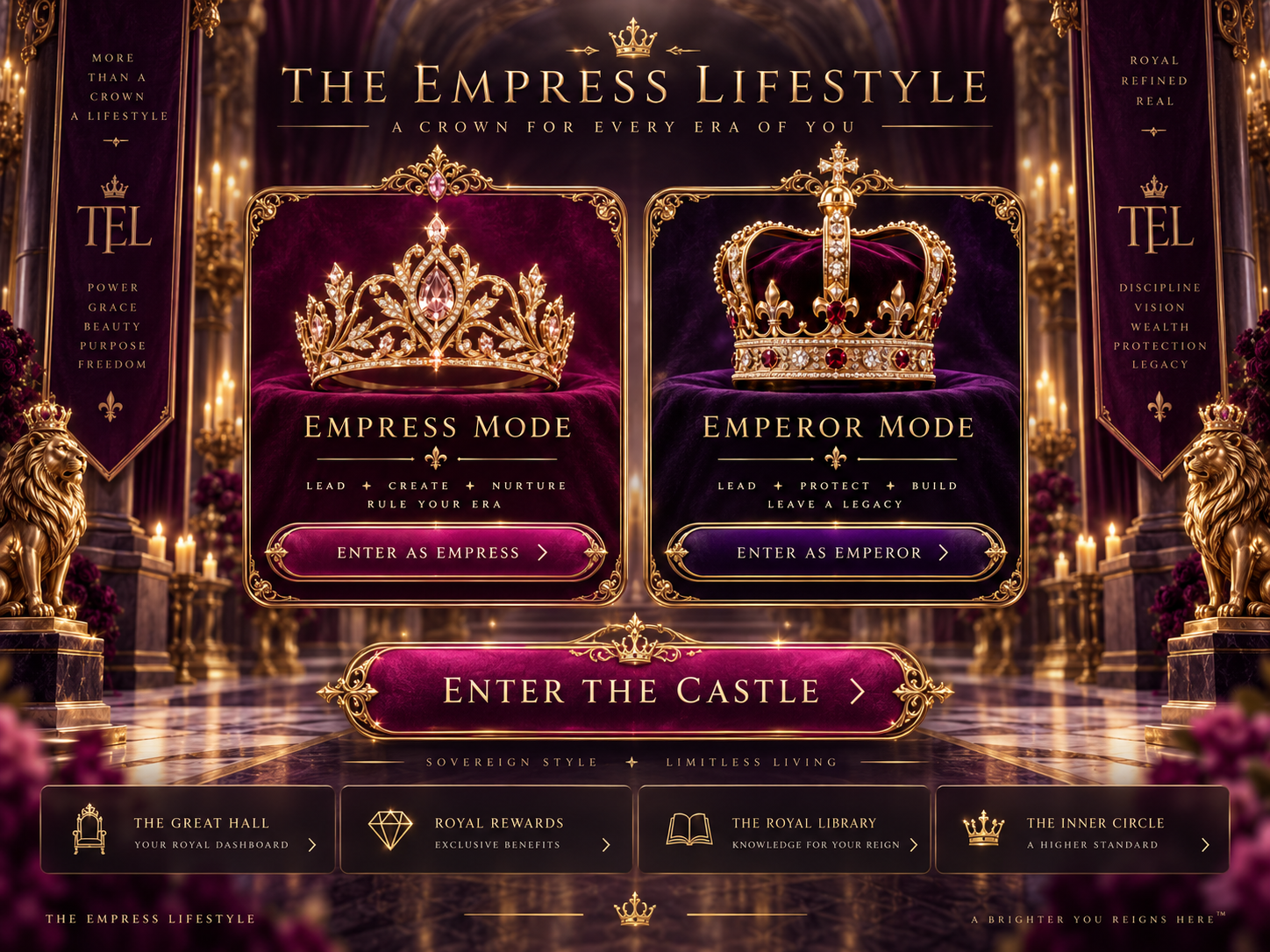 The Empress Lifestyle welcome screen with Empress Mode, Emperor Mode, Enter the Castle, and royal navigation.